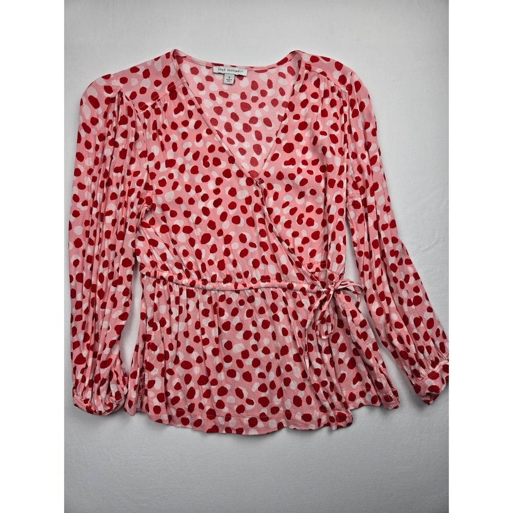 Free Assembly Women's Wrap Blouse Pink Red Polka Dot‎ Long Sleeve Size Small